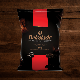 The Red Vintage South Africa Belcolade Belgian Chocolate Dark (55%) and Dark Supreme (70%) Chocolate Package with Red Details on Dark Wood Back Ground