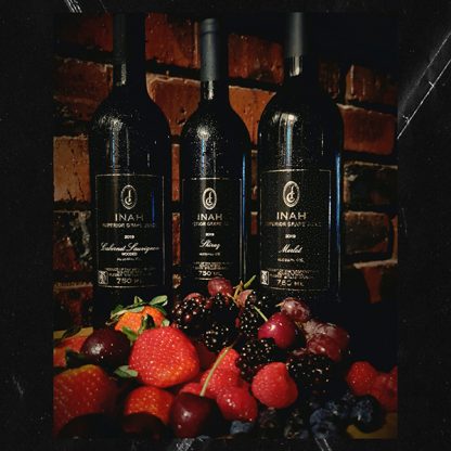 Cabernet Sauvignon, Merlot and Shiraz Inah Superior Grape Juie Bottles, against a brick wall and behind a succulent display of Fresh Berries